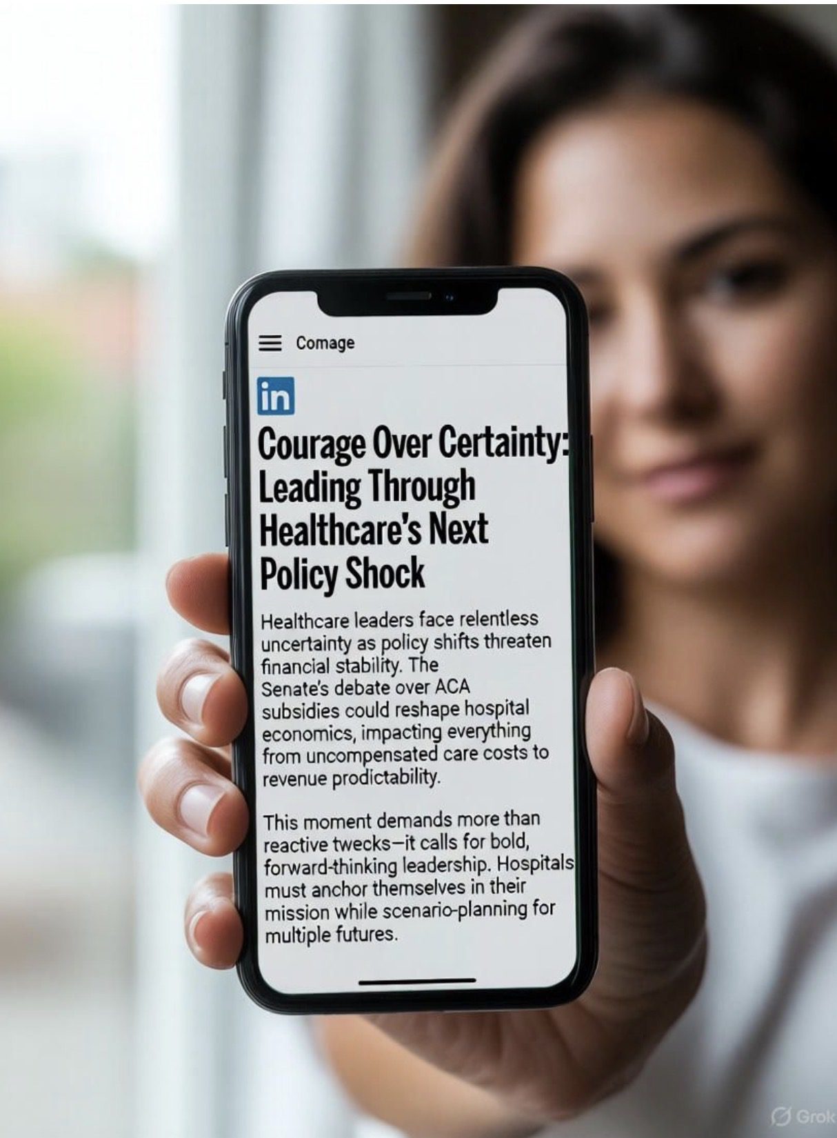A woman holds a smartphone displaying a healthcare policy article titled 'Courage Over Certainty'.