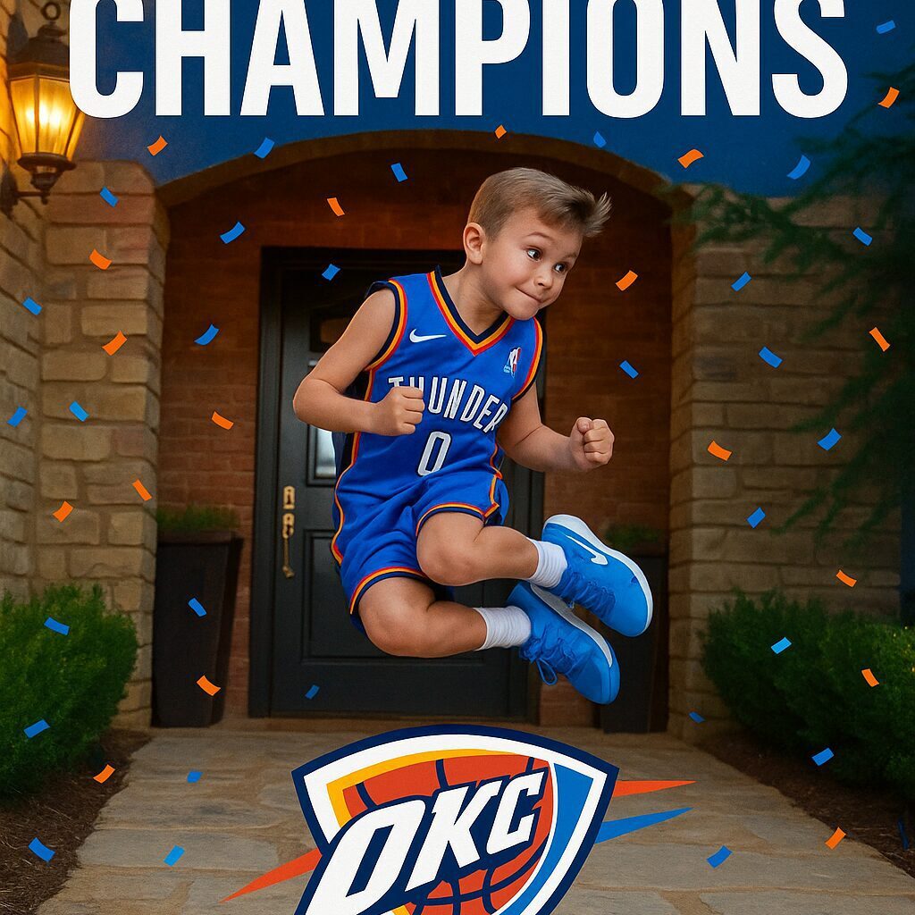 Young basketball player celebrating a championship win for OKC Thunder.