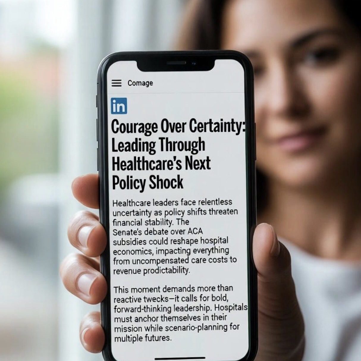 A woman holds a smartphone displaying a healthcare policy article titled 'Courage Over Certainty'.