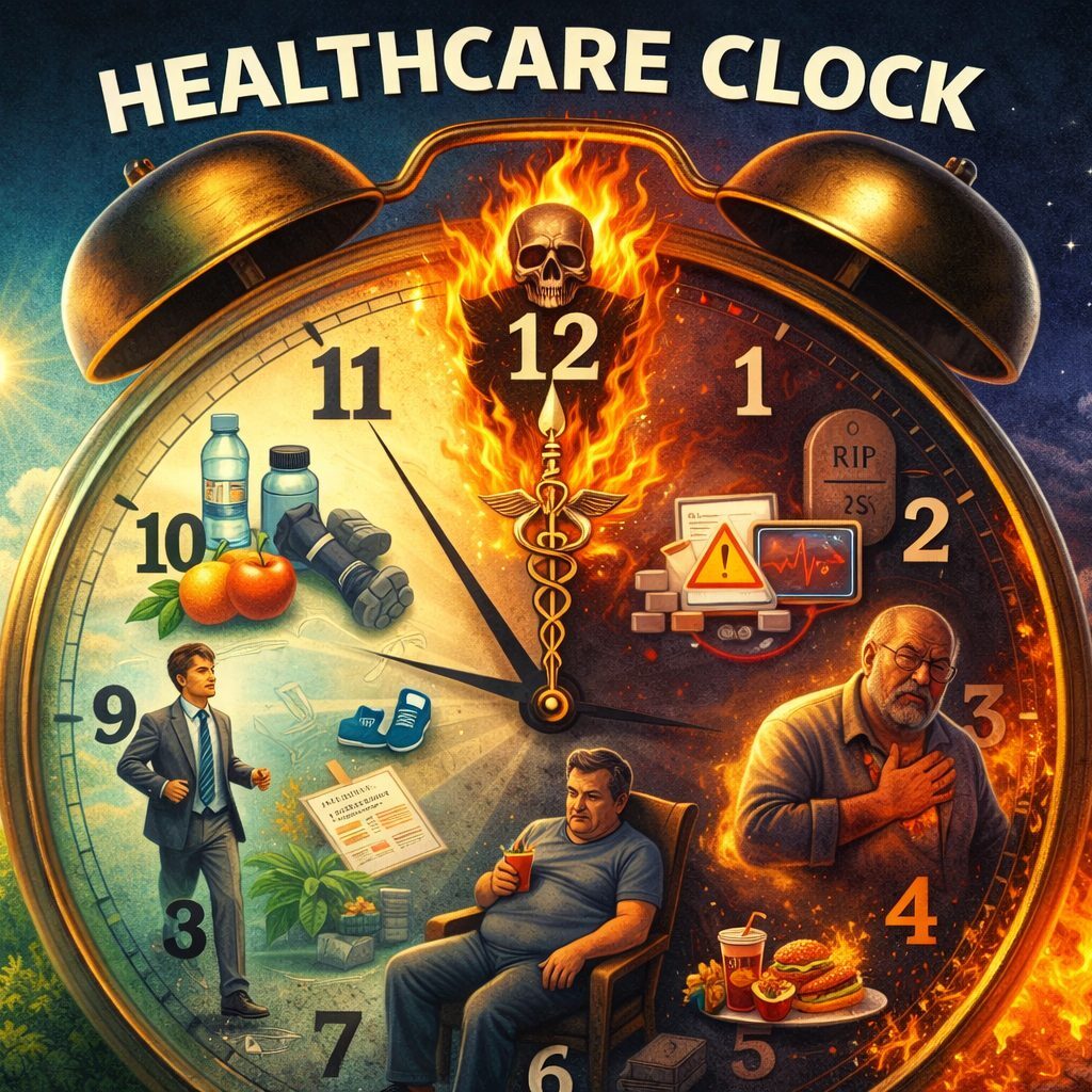 A healthcare clock showing stages of health and illness throughout the day.