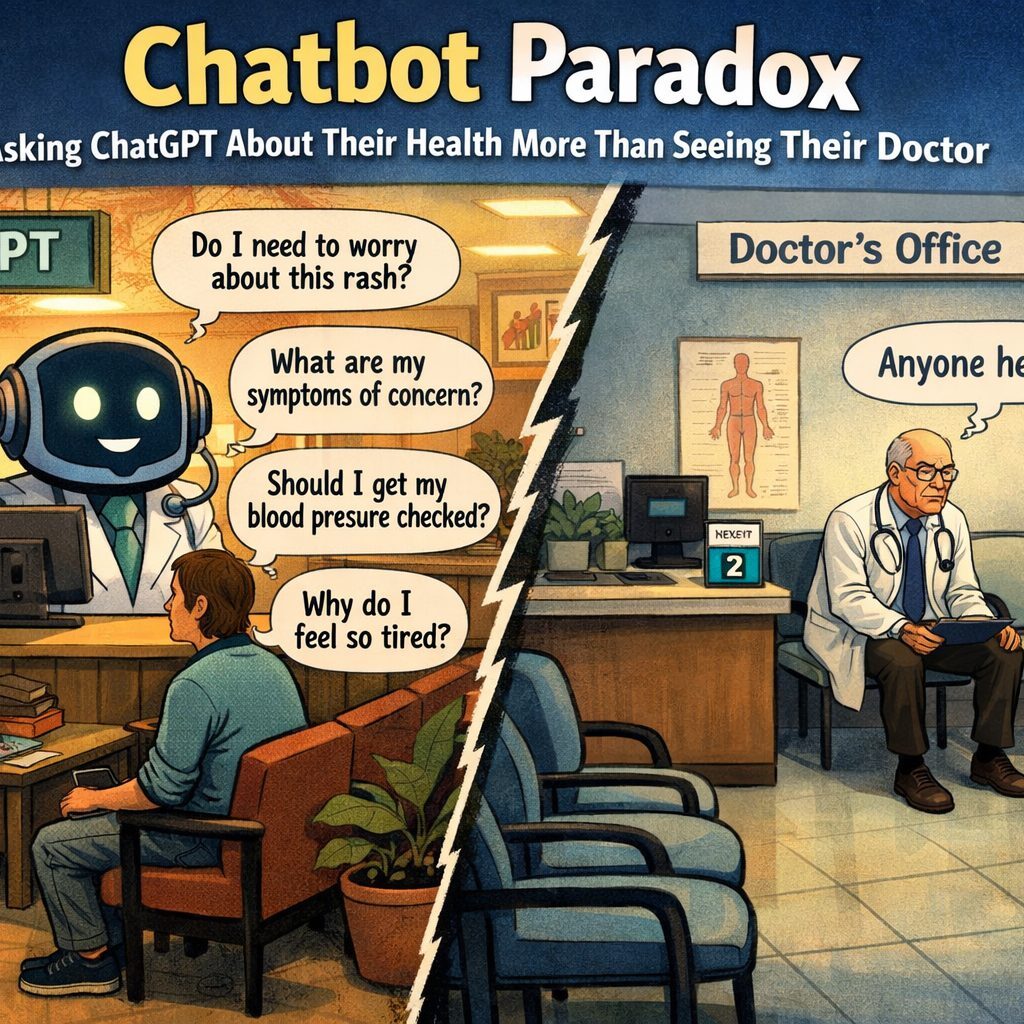 A chatbot humorously discusses its health with a doctor in a comic-style image.