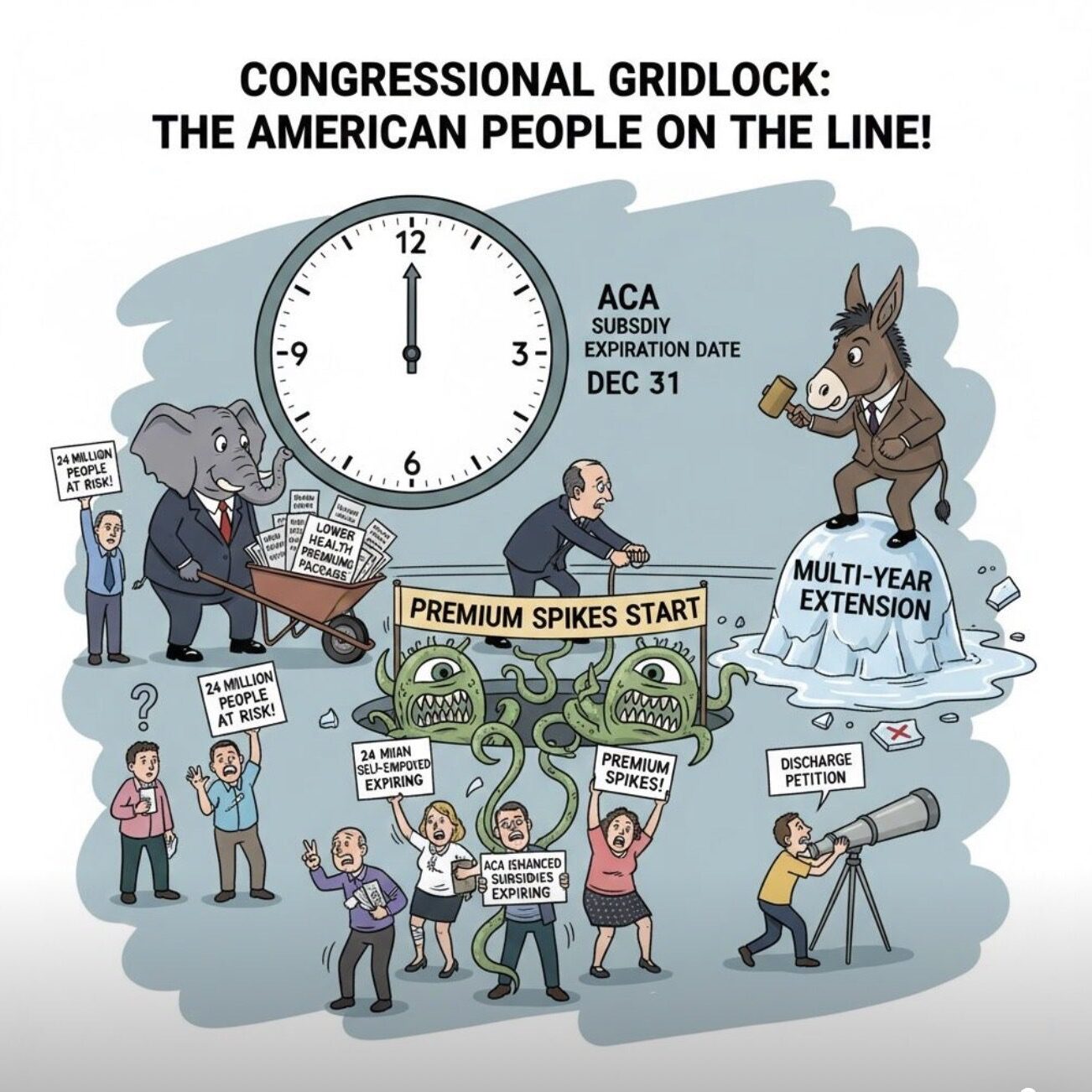 Political cartoon illustrating US congressional gridlock over healthcare reform.