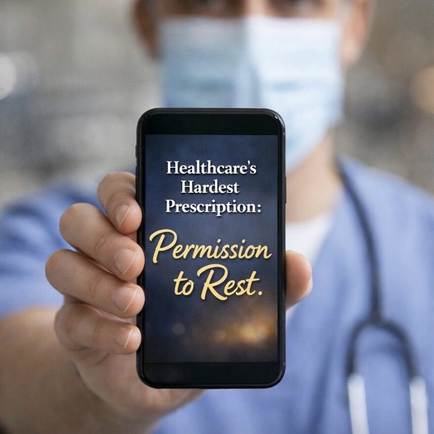 A masked healthcare worker holds a phone with a message about healthcare's hardest prescription.