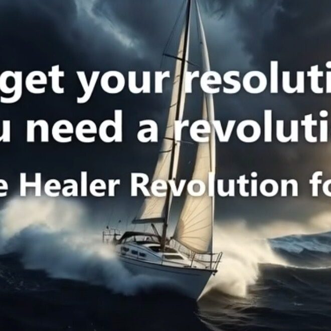 Sailboat navigating through stormy seas with a motivational message about revolution.