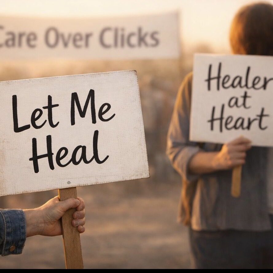 People holding signs saying 'Let Me Heal' and 'Healer at Heart' outdoors.