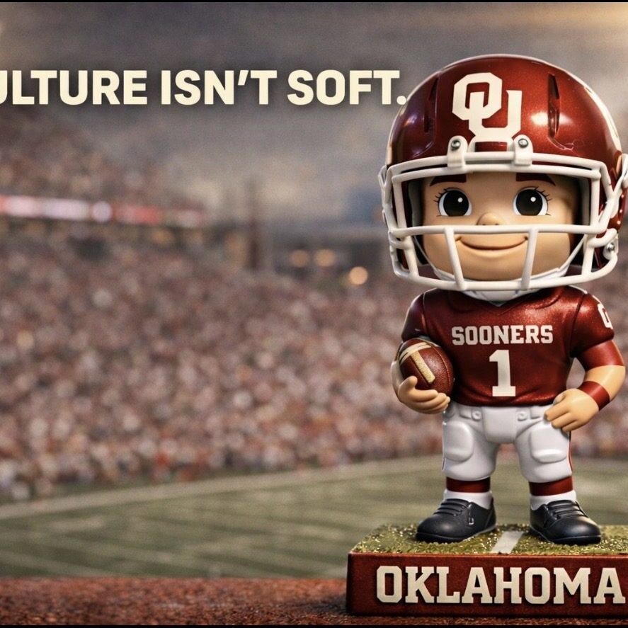 Cartoon football player in Oklahoma Sooners gear on a field.